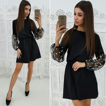 Womens Embroidery Dress 2019 Spring Mesh Patchwork Fashion Party A Line Dress Long Sleeve O-Neck Casual Mini Dresses