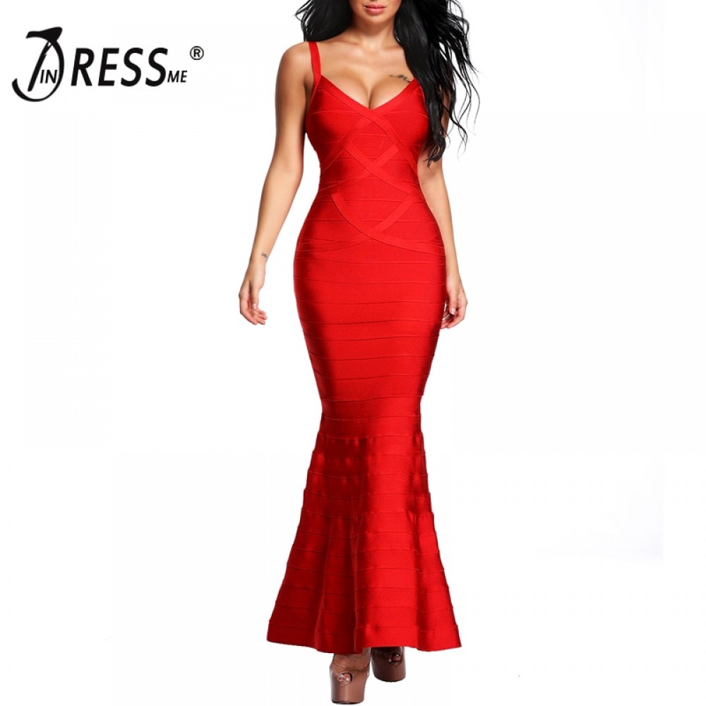 INDRESSME 2018 New Women Red V-Neck Sleeveless Long Wedding Evening Party Bandage Dresses Maxi Gown