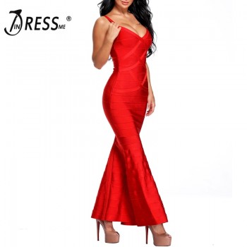 INDRESSME 2018 New Women Red V-Neck Sleeveless Long Wedding Evening Party Bandage Dresses Maxi Gown