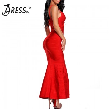INDRESSME 2018 New Women Red V-Neck Sleeveless Long Wedding Evening Party Bandage Dresses Maxi Gown