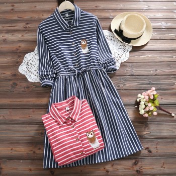 2018 Spring Autumn Women Owl embroidery Dress Casual Striped Trun-down Neck Long Sleeve Elastic Waist Dresses Dropshipping