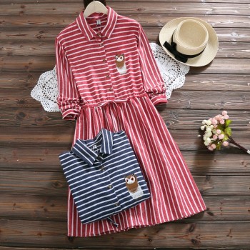 2018 Spring Autumn Women Owl embroidery Dress Casual Striped Trun-down Neck Long Sleeve Elastic Waist Dresses Dropshipping
