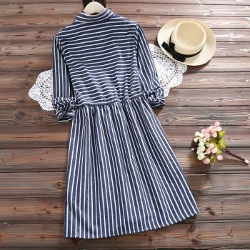 2018 Spring Autumn Women Owl embroidery Dress Casual Striped Trun-down Neck Long Sleeve Elastic Waist Dresses Dropshipping