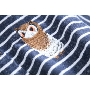 2018 Spring Autumn Women Owl embroidery Dress Casual Striped Trun-down Neck Long Sleeve Elastic Waist Dresses Dropshipping