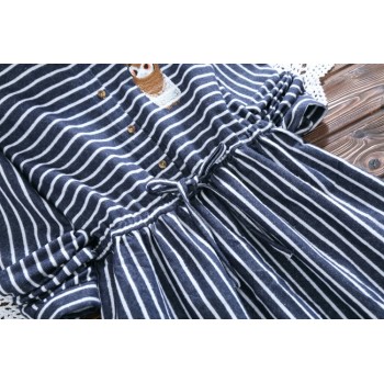 2018 Spring Autumn Women Owl embroidery Dress Casual Striped Trun-down Neck Long Sleeve Elastic Waist Dresses Dropshipping