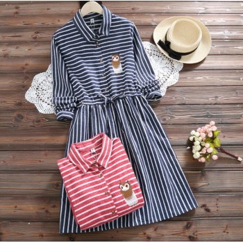 2018 Spring Autumn Women Owl embroidery Dress Casual Striped Trun-down Neck Long Sleeve Elastic Waist Dresses Dropshipping