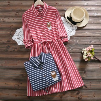 2018 Spring Autumn Women Owl embroidery Dress Casual Striped Trun-down Neck Long Sleeve Elastic Waist Dresses Dropshipping