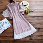 2019 Spring Autumn Women Midi Dress Round Neck Knitted Chiffon Patchwork Sweater Dress Casual Elegant Long Sleeve Split Dresses