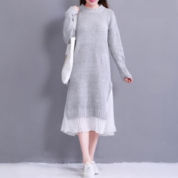 2019 Spring Autumn Women Midi Dress Round Neck Knitted Chiffon Patchwork Sweater Dress Casual Elegant Long Sleeve Split Dresses