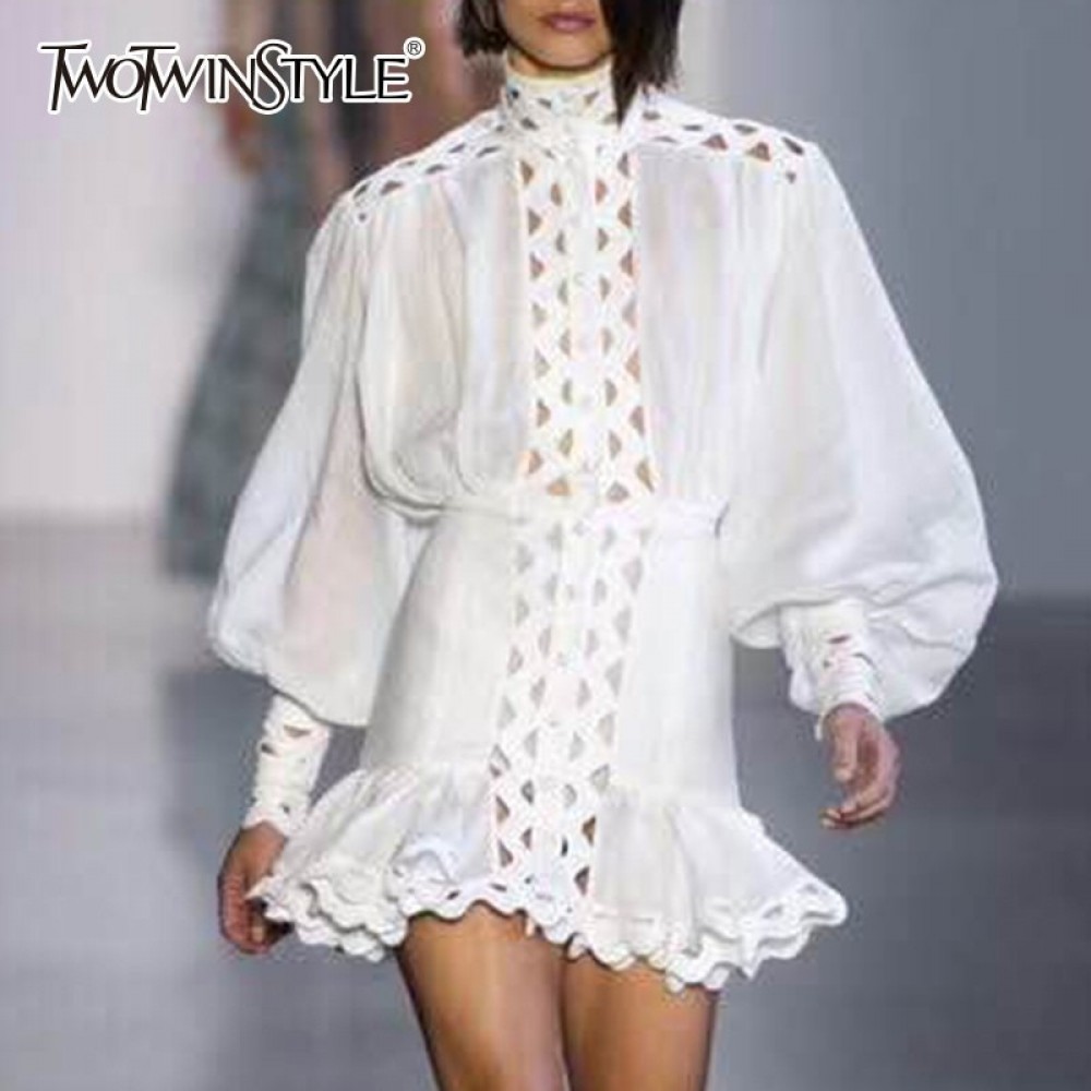 TWOTWINSTYLE Bodycon Dress Female Lantern Long Sleeve High Waist Hollow Out Ruffle Hem Shirt Dresses Women 2018 Autumn Fashion