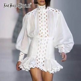TWOTWINSTYLE Bodycon Dress Female Lantern Long Sleeve High Waist Hollow Out Ruffle Hem Shirt Dresses Women 2018 Autumn Fashion