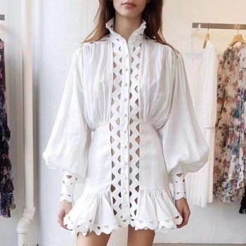 TWOTWINSTYLE Bodycon Dress Female Lantern Long Sleeve High Waist Hollow Out Ruffle Hem Shirt Dresses Women 2018 Autumn Fashion