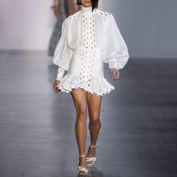TWOTWINSTYLE Bodycon Dress Female Lantern Long Sleeve High Waist Hollow Out Ruffle Hem Shirt Dresses Women 2018 Autumn Fashion