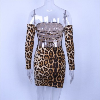 Hugcitar slash neck long sleeve backless bandage leopard print sexy dresses 2018 autumn winter women fashion Christmas dress