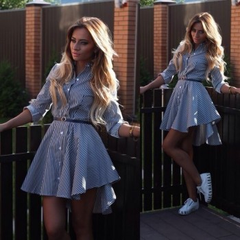 DICLOUD Spring Autumn Shirt Dress Women Turn-down Collar Full Sleeves Casual Striped Button Belt Dresses Mini Vestidos S-XL 2019