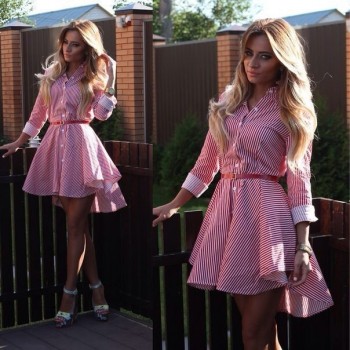 DICLOUD Spring Autumn Shirt Dress Women Turn-down Collar Full Sleeves Casual Striped Button Belt Dresses Mini Vestidos S-XL 2019