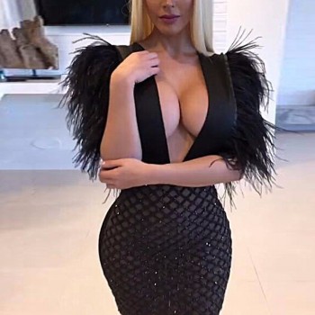 Feditch 2018 New Party  Dress Women Fashion Feather Sequin Dresses Sexy V Neck Nightclub Wear Black Dresses Lady Vestidos