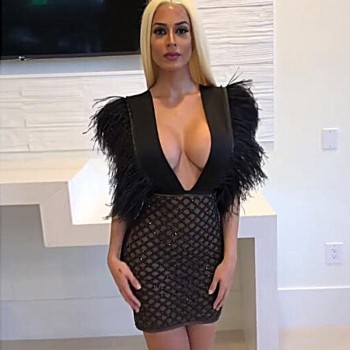 Feditch 2018 New Party  Dress Women Fashion Feather Sequin Dresses Sexy V Neck Nightclub Wear Black Dresses Lady Vestidos