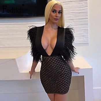 Feditch 2018 New Party  Dress Women Fashion Feather Sequin Dresses Sexy V Neck Nightclub Wear Black Dresses Lady Vestidos
