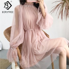 2018 Spring Korean Style Elegant Mesh Beading Girl Dresses Basis Bodycon Sweet Knee-Length Solid Dresses Flare Sleeve D81402C