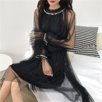 2018 Spring Korean Style Elegant Mesh Beading Girl Dresses Basis Bodycon Sweet Knee-Length Solid Dresses Flare Sleeve D81402C