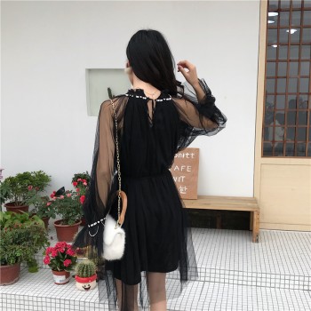 2018 Spring Korean Style Elegant Mesh Beading Girl Dresses Basis Bodycon Sweet Knee-Length Solid Dresses Flare Sleeve D81402C