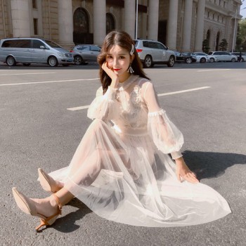 2018 Spring Korean Style Elegant Mesh Beading Girl Dresses Basis Bodycon Sweet Knee-Length Solid Dresses Flare Sleeve D81402C