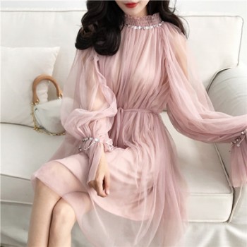2018 Spring Korean Style Elegant Mesh Beading Girl Dresses Basis Bodycon Sweet Knee-Length Solid Dresses Flare Sleeve D81402C