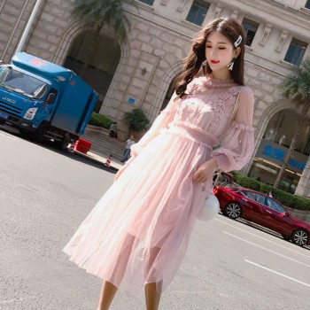 2018 Spring Korean Style Elegant Mesh Beading Girl Dresses Basis Bodycon Sweet Knee-Length Solid Dresses Flare Sleeve D81402C