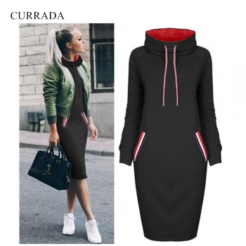 CURRADA 2018 autumn winter dress Long sleeve vestidos Casual party dresses vestido de festa women dres High collar robe femme