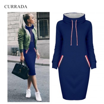 CURRADA 2018 autumn winter dress Long sleeve vestidos Casual party dresses vestido de festa women dres High collar robe femme