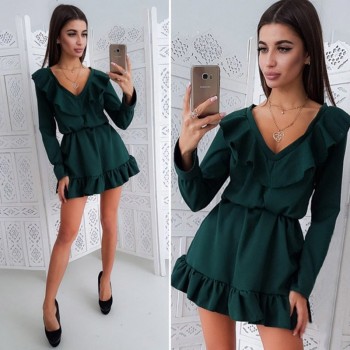 Women Fashion Ruffles V-neck Dress 2018 Autumn A-line Solid Color Sashes Long Sleeve Dress Female Sexy Party Mini Dresses