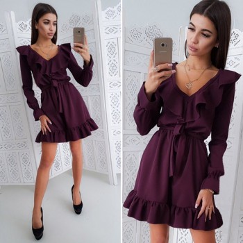 Women Fashion Ruffles V-neck Dress 2018 Autumn A-line Solid Color Sashes Long Sleeve Dress Female Sexy Party Mini Dresses