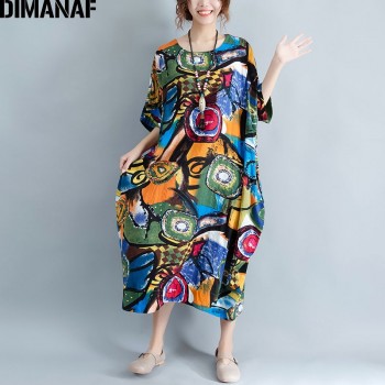 DIMANAF Women Dress Plus Size Summer Pattern Print Linen Colorful Female Loose Batwing Casual Retro Vintage Large Size Dresses