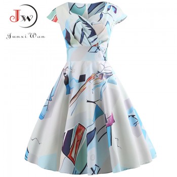 Casual Summer Dress Women  Short Sleeve Hepburn 50s 60s Vintage Elegant Swing Party Dresses Plus Size Floral Slim Vestidos