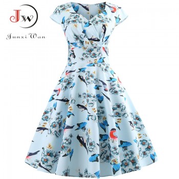 Casual Summer Dress Women  Short Sleeve Hepburn 50s 60s Vintage Elegant Swing Party Dresses Plus Size Floral Slim Vestidos