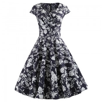 Casual Summer Dress Women  Short Sleeve Hepburn 50s 60s Vintage Elegant Swing Party Dresses Plus Size Floral Slim Vestidos