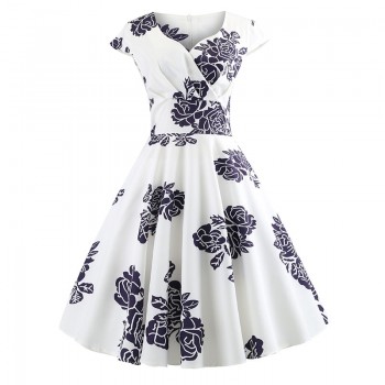 Casual Summer Dress Women  Short Sleeve Hepburn 50s 60s Vintage Elegant Swing Party Dresses Plus Size Floral Slim Vestidos