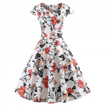Casual Summer Dress Women  Short Sleeve Hepburn 50s 60s Vintage Elegant Swing Party Dresses Plus Size Floral Slim Vestidos