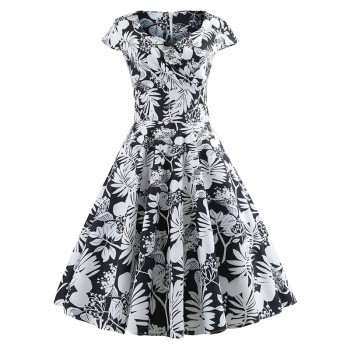 Casual Summer Dress Women  Short Sleeve Hepburn 50s 60s Vintage Elegant Swing Party Dresses Plus Size Floral Slim Vestidos