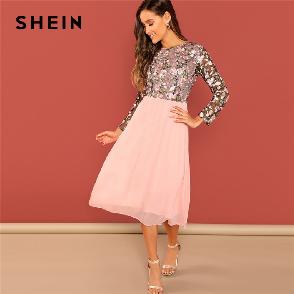 SHEIN Going Out Pink Flower Embroidered Contrast Mesh Bodice Round Neck High Waist Dress Women A-Line Long Elegant  Dresses