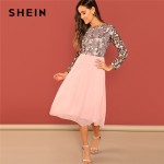 SHEIN Going Out Pink Flower Embroidered Contrast Mesh Bodice Round Neck High Waist Dress Women A-Line Long Elegant  Dresses