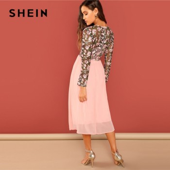 SHEIN Going Out Pink Flower Embroidered Contrast Mesh Bodice Round Neck High Waist Dress Women A-Line Long Elegant  Dresses
