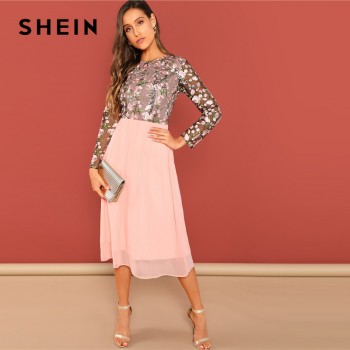 SHEIN Going Out Pink Flower Embroidered Contrast Mesh Bodice Round Neck High Waist Dress Women A-Line Long Elegant  Dresses
