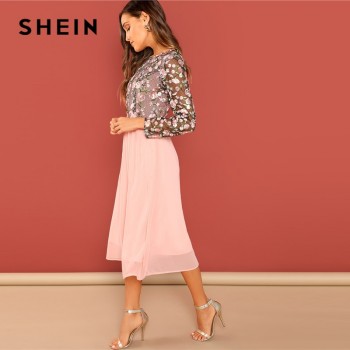 SHEIN Going Out Pink Flower Embroidered Contrast Mesh Bodice Round Neck High Waist Dress Women A-Line Long Elegant  Dresses