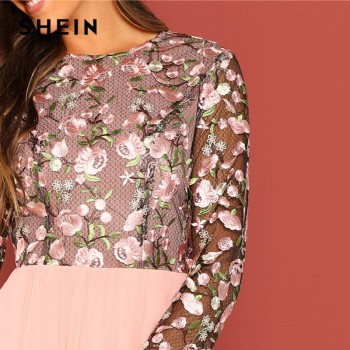 SHEIN Going Out Pink Flower Embroidered Contrast Mesh Bodice Round Neck High Waist Dress Women A-Line Long Elegant  Dresses