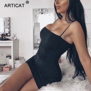 Articat Black Sexy Bodycon Summer Dress 2018 Strapless Spaghetti Strap Bandage Mini Dress Party Casual Basic Beach Dress Short