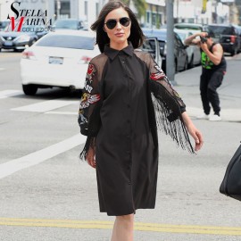 New 2019 Women Black Shirt Dress 3/4 Mesh Sleeved Embroidery Patches amp; Sashes Lady Cute Midi Party Club Wear Dress vestidos 3398
