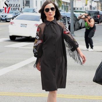 New 2019 Women Black Shirt Dress 3/4 Mesh Sleeved Embroidery Patches amp; Sashes Lady Cute Midi Party Club Wear Dress vestidos 3398