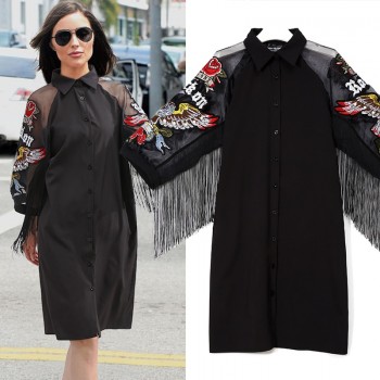 New 2019 Women Black Shirt Dress 3/4 Mesh Sleeved Embroidery Patches amp; Sashes Lady Cute Midi Party Club Wear Dress vestidos 3398